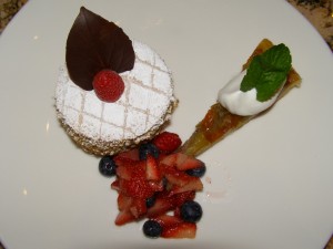 chocolate mouse gateau, apple tartan and berries